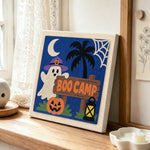 Boo camp sign ghost punch needle artwork displayed on a table