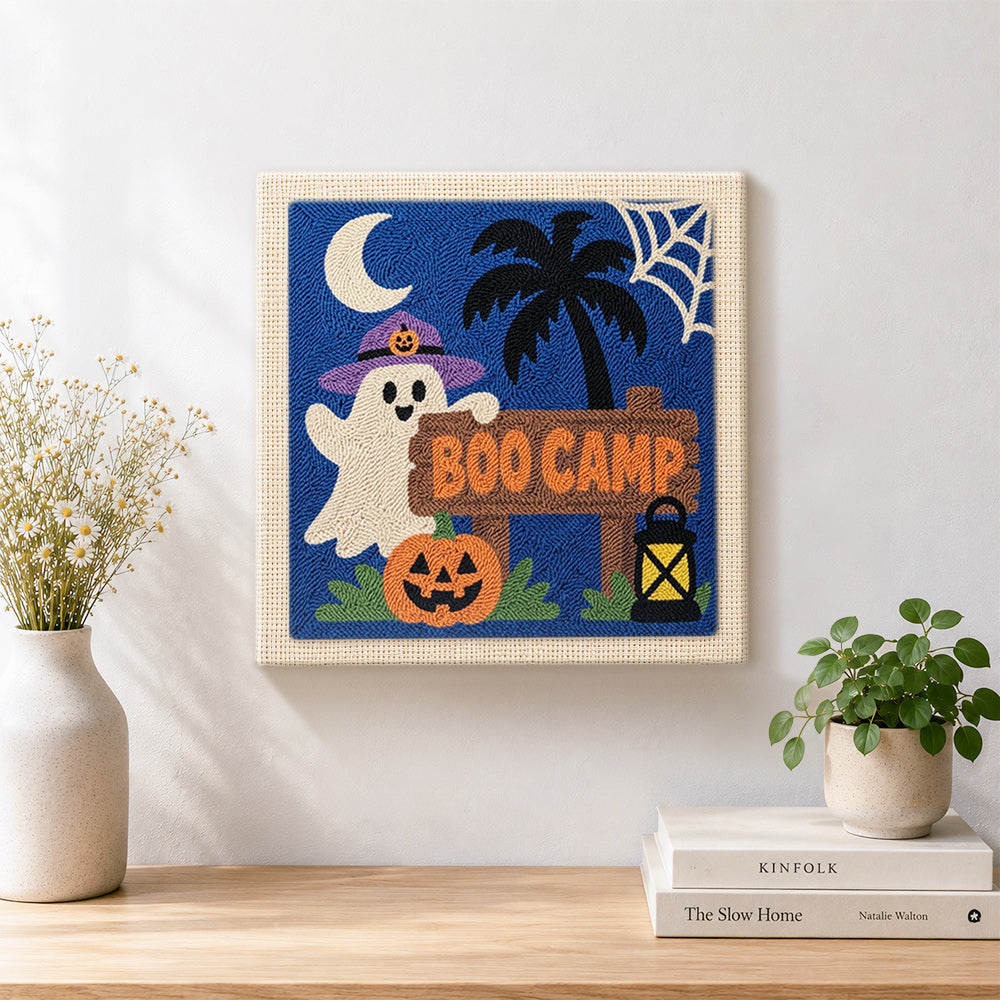 Finished boo camp sign ghost artwork displayed on a wall