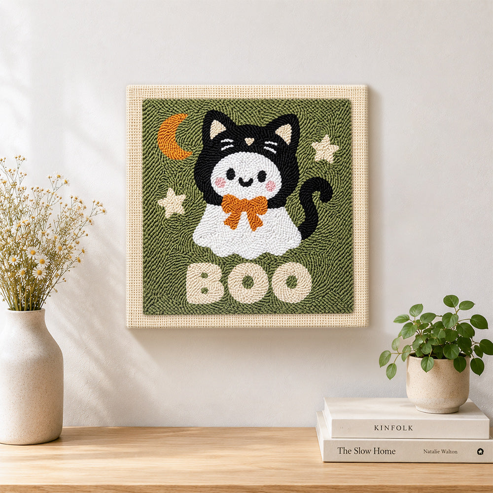 Finished boo ghost cat artwork displayed on a wall