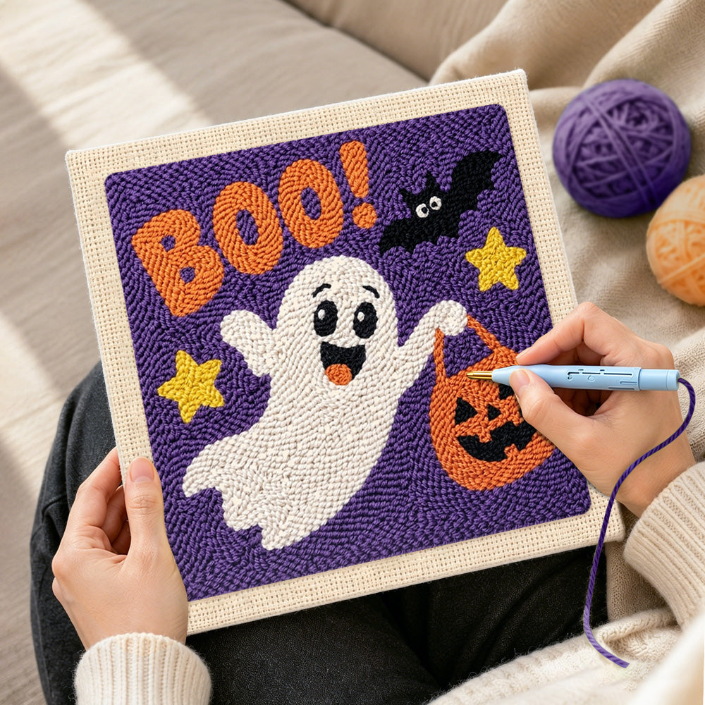 Creating handmade boo ghost trick or treat punch needle artwork