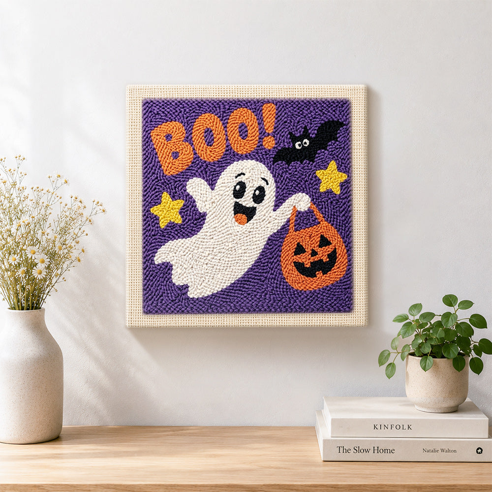Finished boo ghost trick or treat artwork displayed on a wall