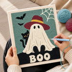 Creating handmade boo ghost with hat punch needle artwork