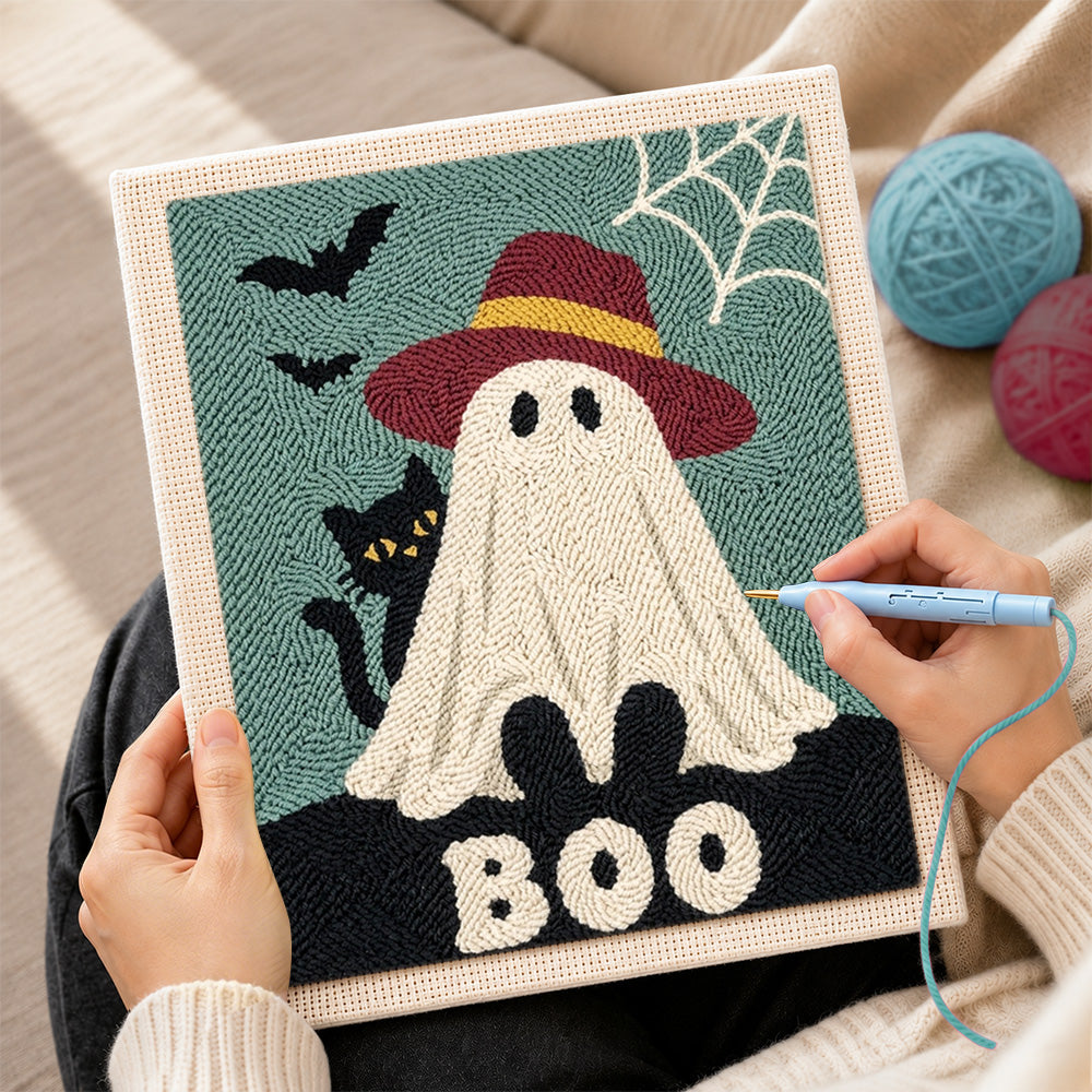 Creating handmade boo ghost with hat punch needle artwork