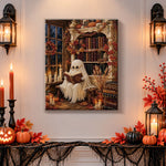 Finished book‑loving ghost in library pearl diamond painting artwork displayed as holiday home decor