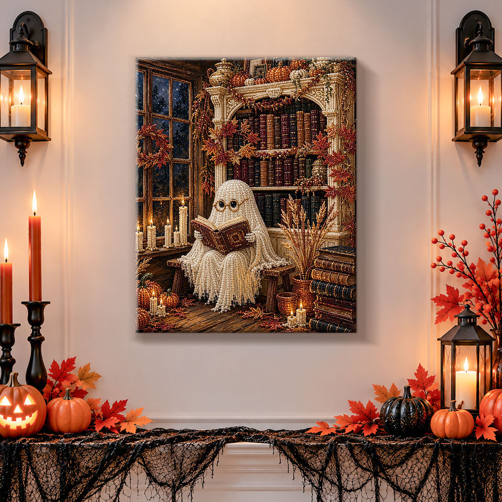Finished book‑loving ghost in library pearl diamond painting artwork displayed as holiday home decor