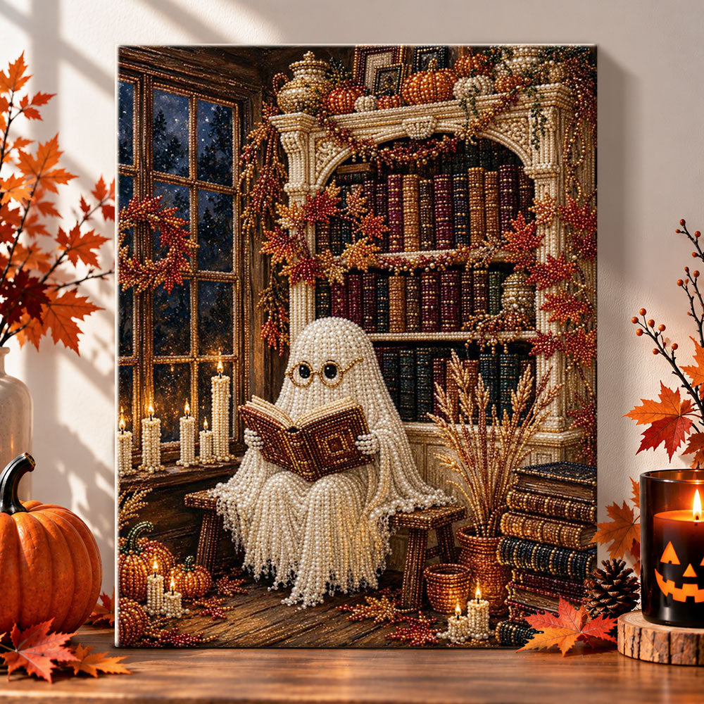 Book‑loving ghost in library pearl diamond painting kit for beginners