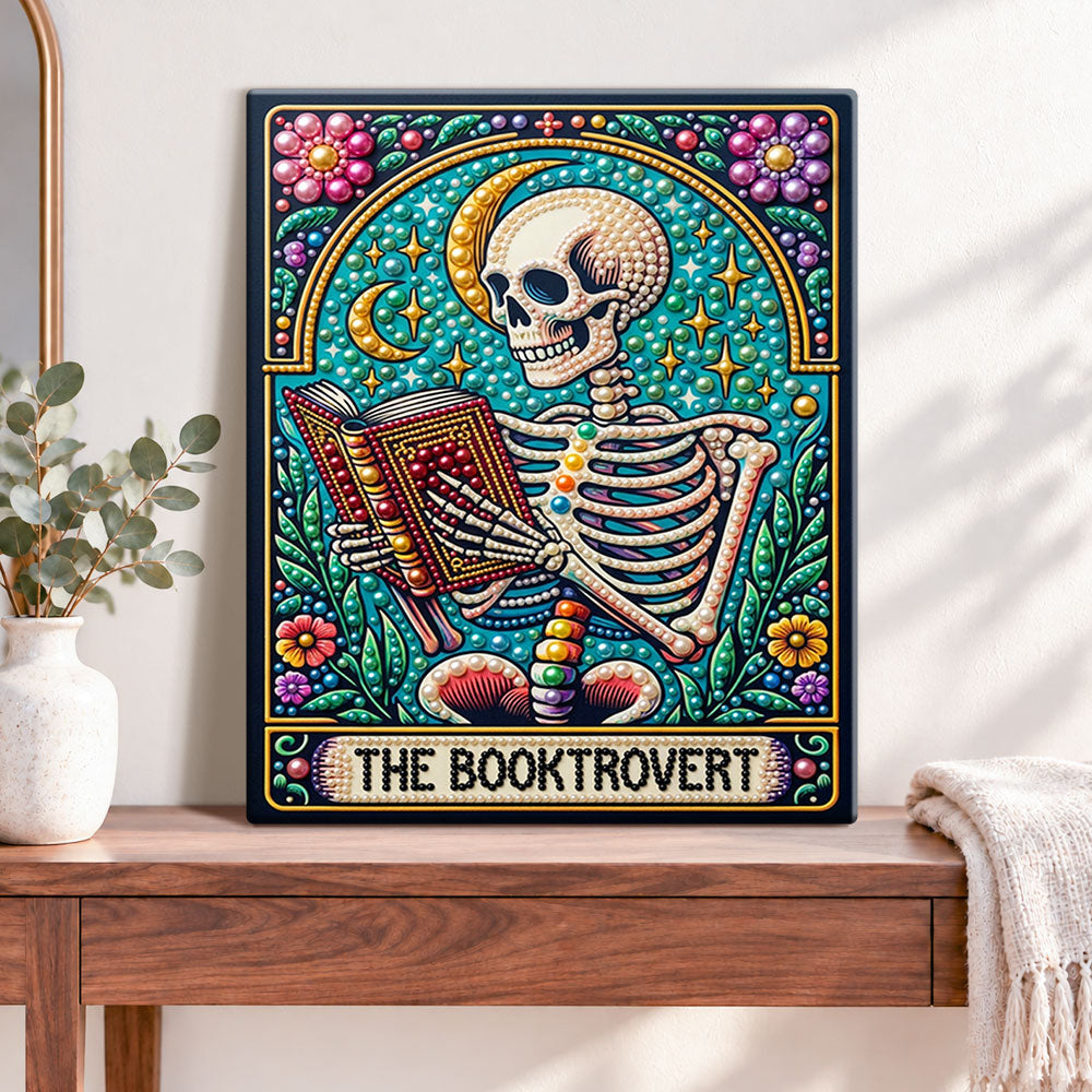 Finished book loving skeleton pearl diamond painting artwork displayed as home decor