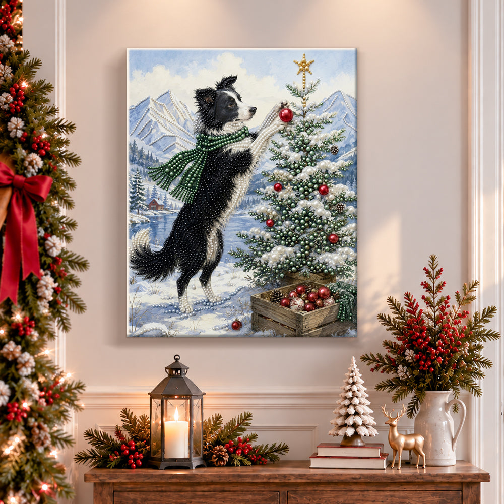 Finished border collie decorating christmas tree pearl diamond painting artwork displayed as holiday home decor