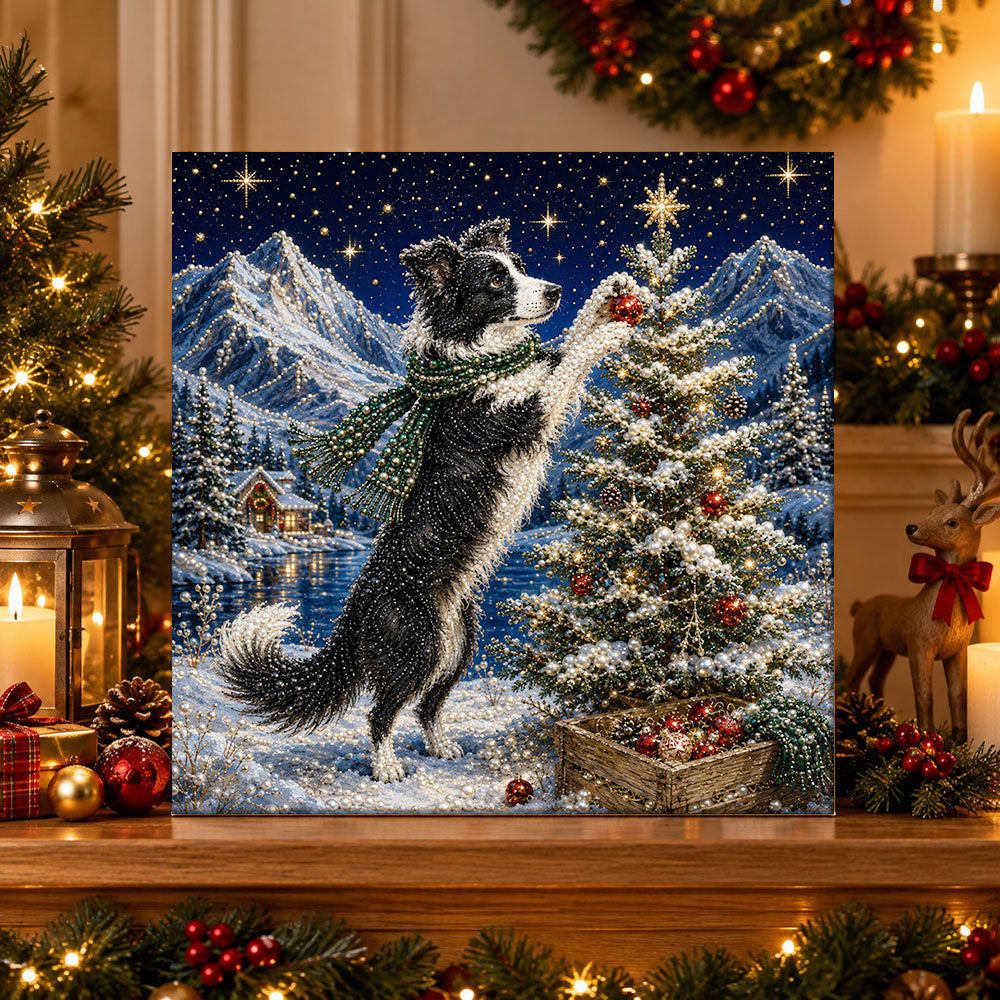 Finished border collie decorating tree pearl diamond painting artwork displayed as holiday home decor