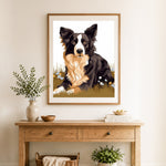 Finished border collie in wild grass cross stitch artwork displayed as home decor