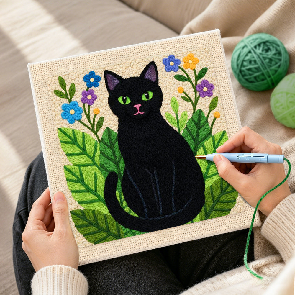 Creating handmade botanical black cat punch needle artwork