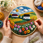 Creating the bountiful wildflower field and summer cottage wool painting by hand with a felting needle