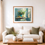 Finished bouquets and fruit on the desk cross stitch artwork displayed as home decor