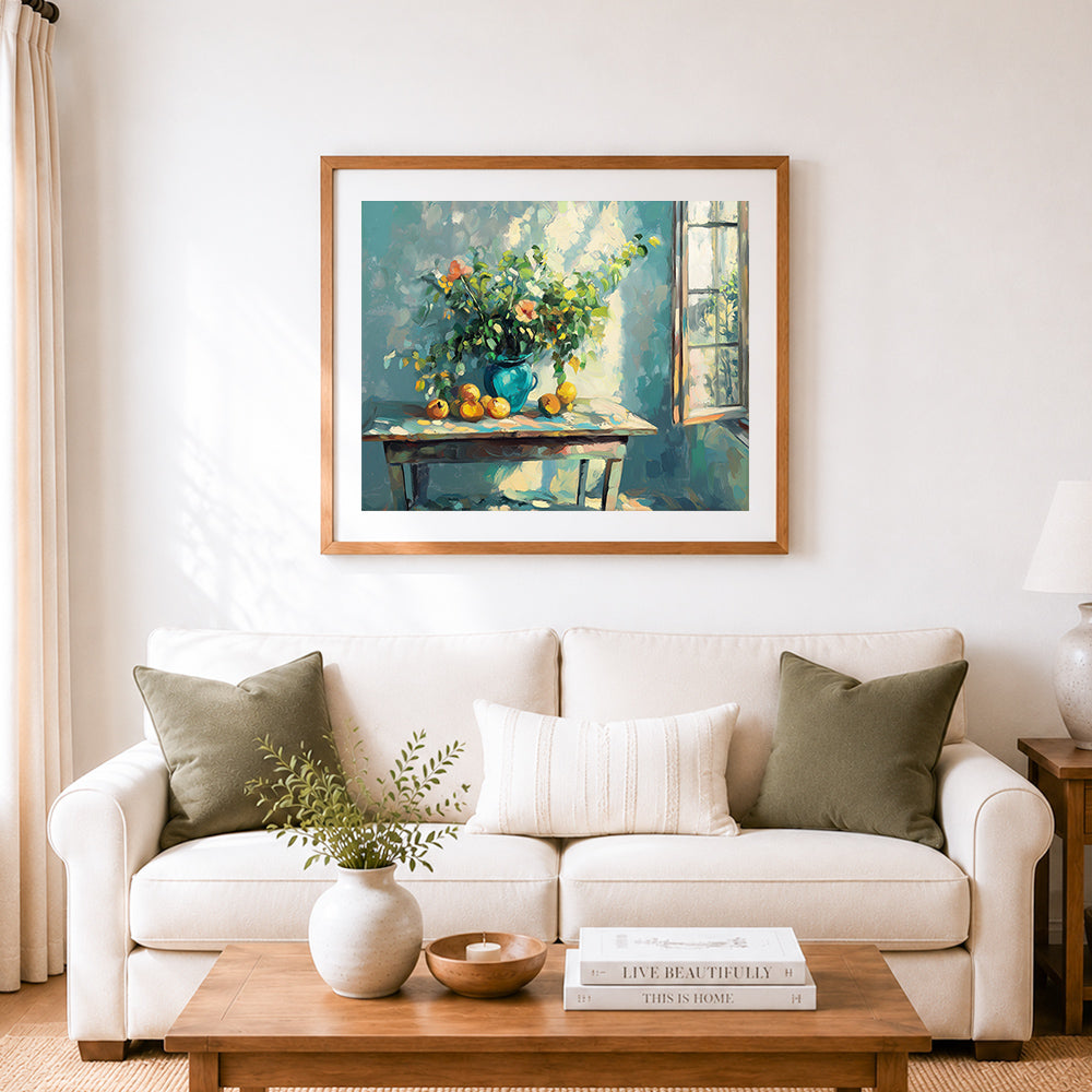 Finished bouquets and fruit on the desk cross stitch artwork displayed as home decor