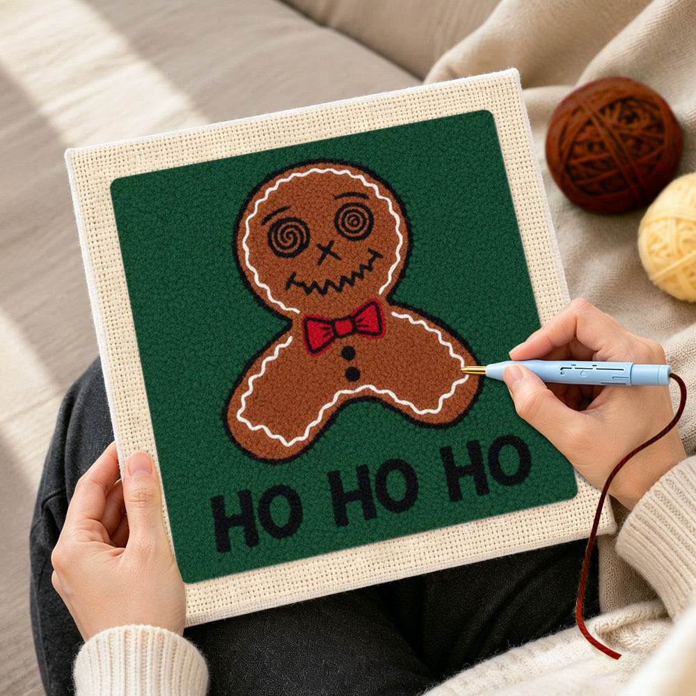 Creating handmade bow tie gingerbread man art punch needle artwork