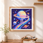 Finished boy on ladder in magical space cross stitch artwork displayed as home decor