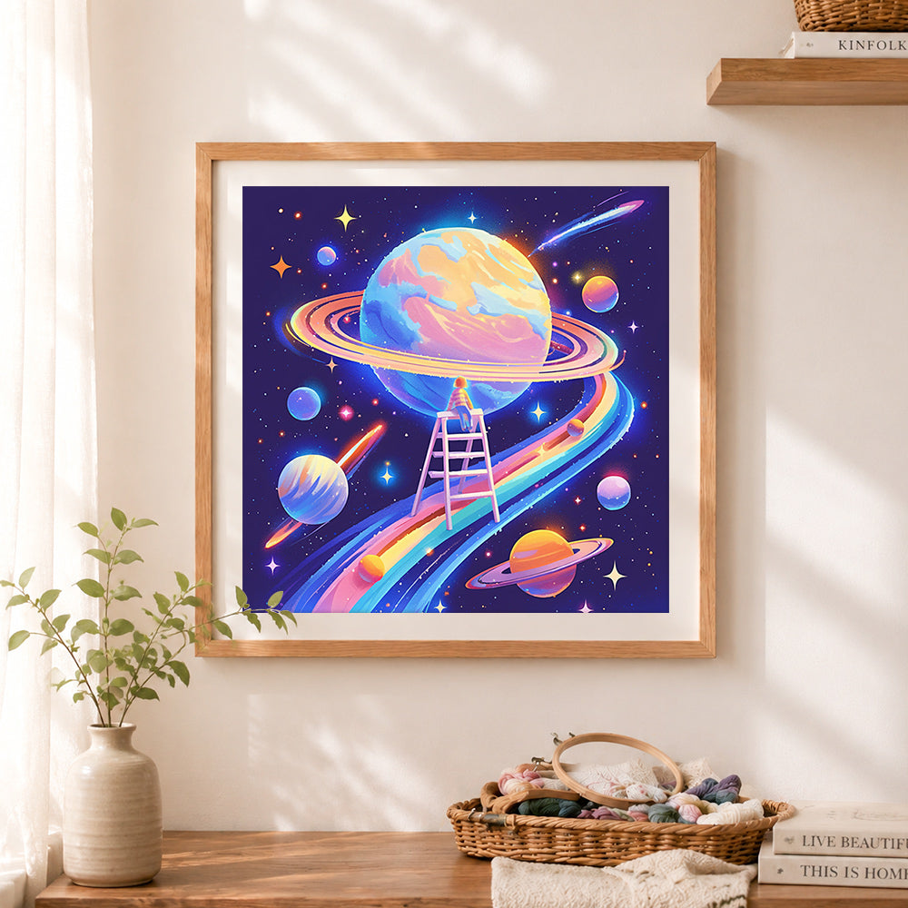 Finished boy on ladder in magical space cross stitch artwork displayed as home decor