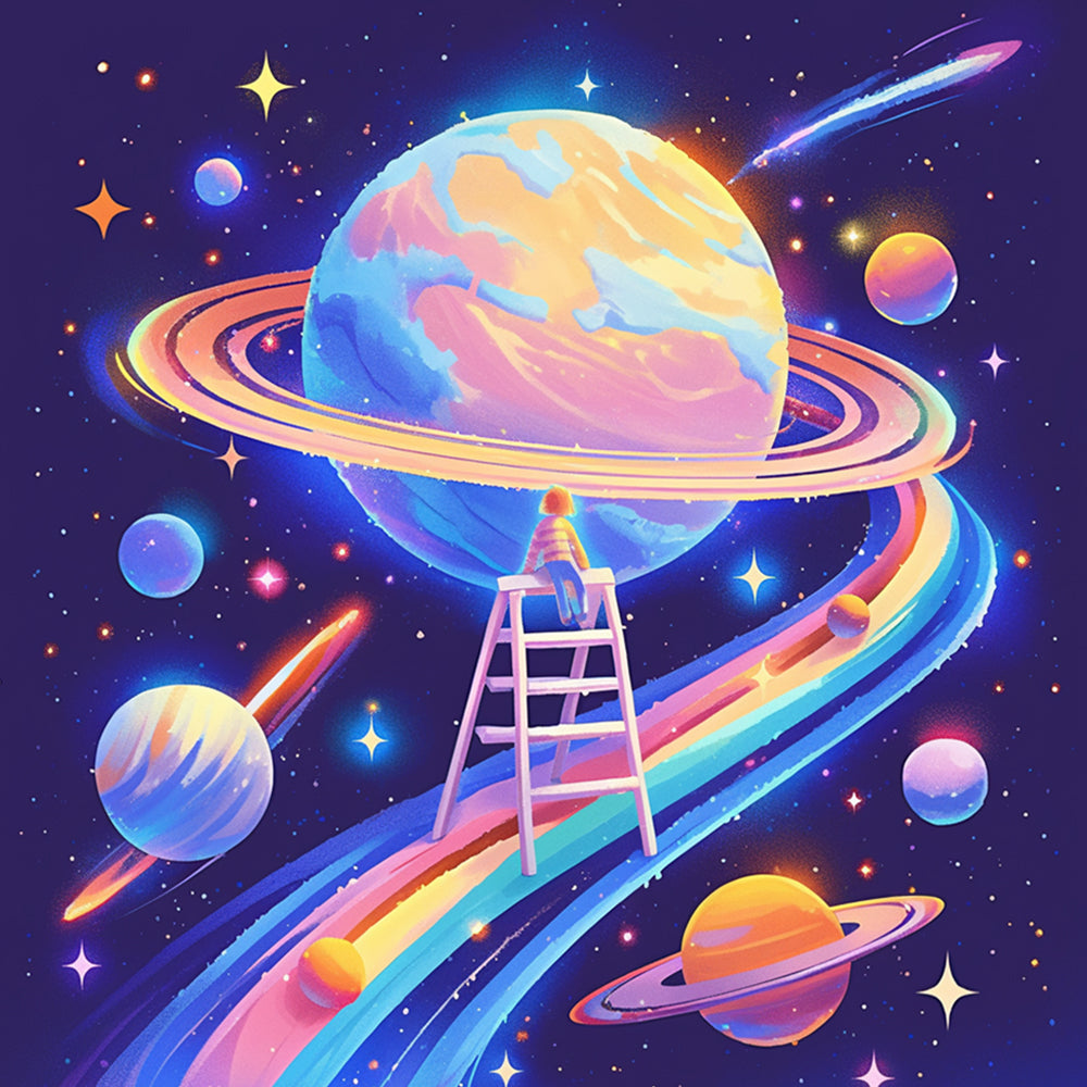 Boy on ladder in magical space cross stitch kit for beginners