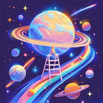Boy on ladder in magical space cross stitch kit for beginners