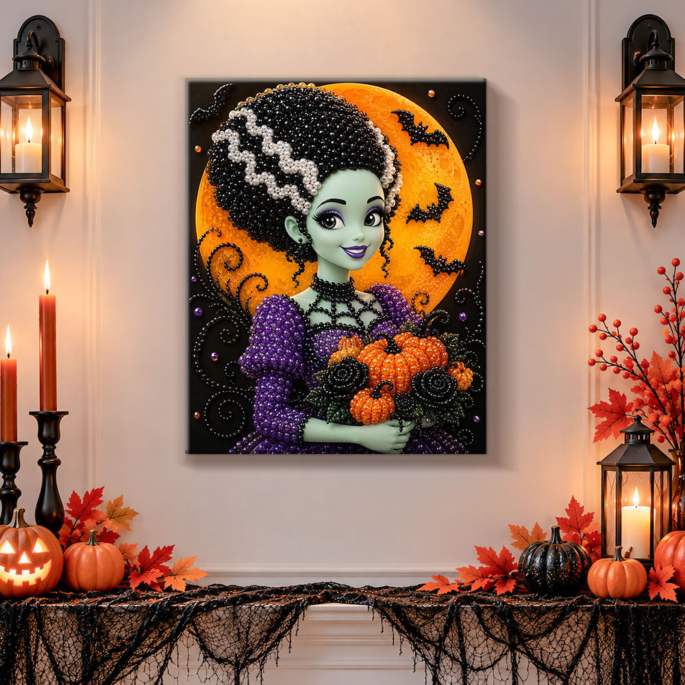 Finished bride of frankenstein pearl diamond painting artwork displayed as holiday home decor