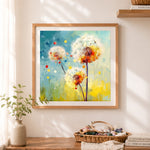 Finished bright abstract dandelion art cross stitch artwork displayed as home decor
