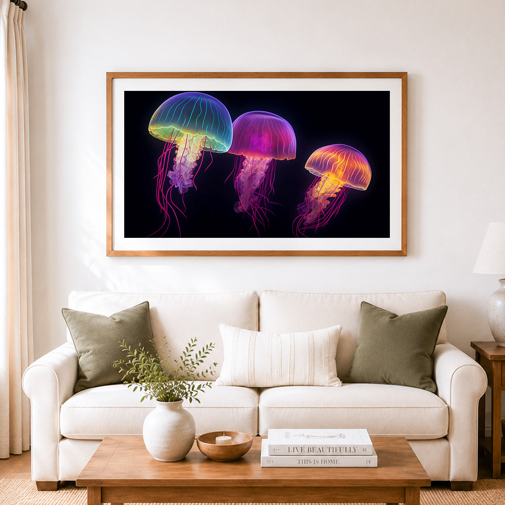 Finished bright bioluminescent jellyfish cross stitch artwork displayed as home decor