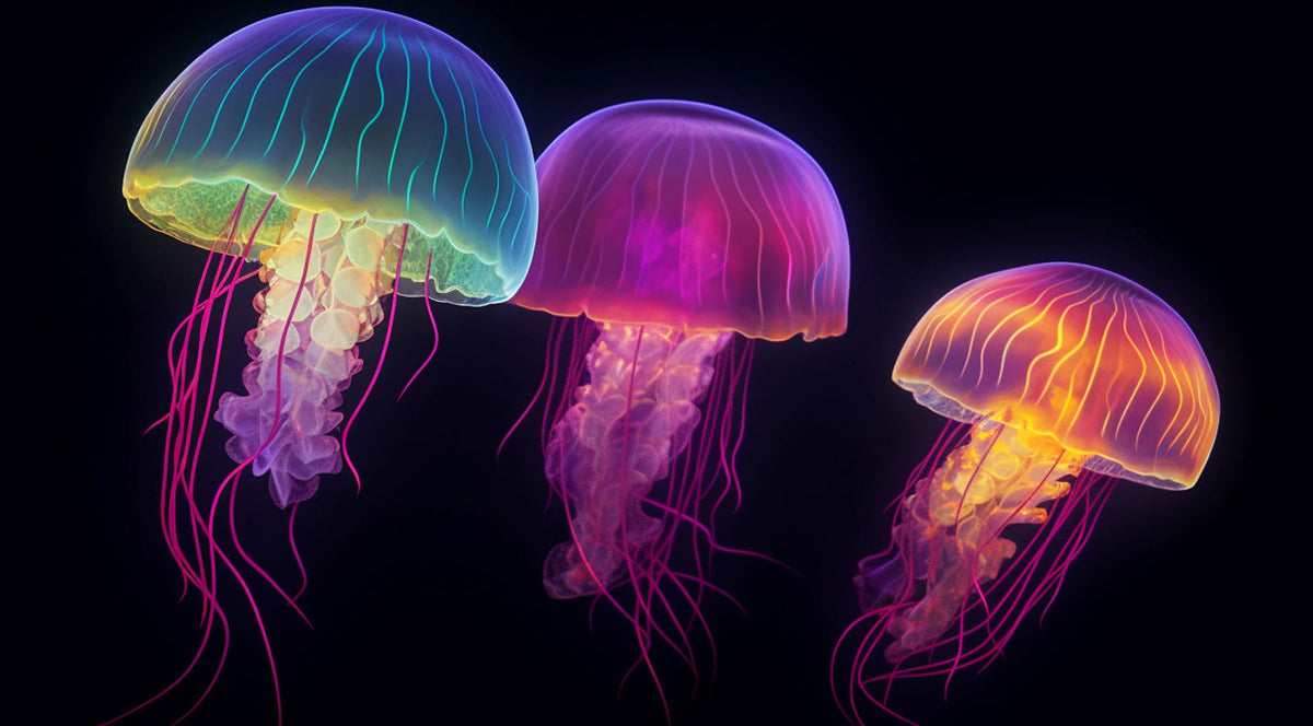 Bright bioluminescent jellyfish cross stitch kit for beginners