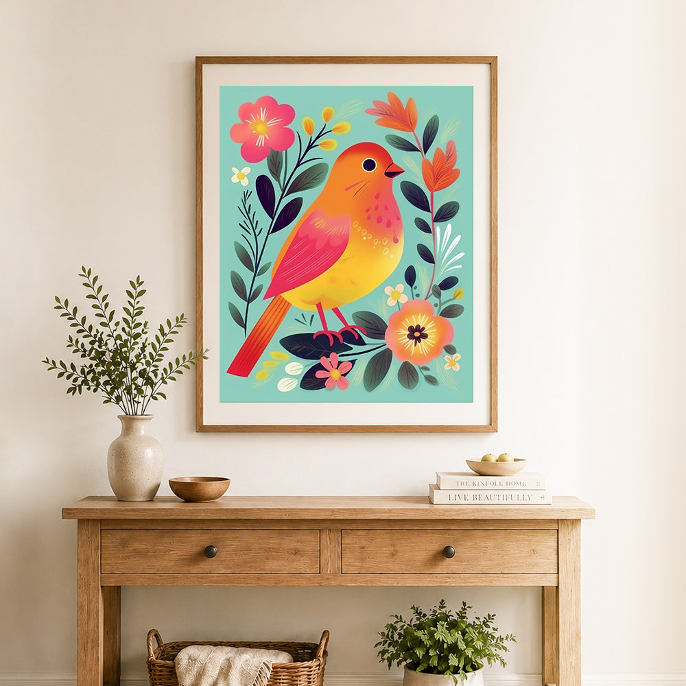 Finished bright bird and blooms cross stitch artwork displayed as home decor