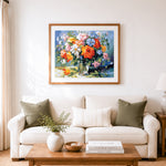 Finished bright blooms bouquet cross stitch artwork displayed as home decor