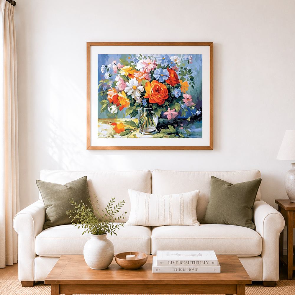 Finished bright blooms bouquet cross stitch artwork displayed as home decor