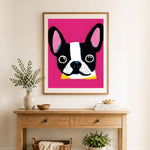 Finished bright boston terrier art cross stitch artwork displayed as home decor