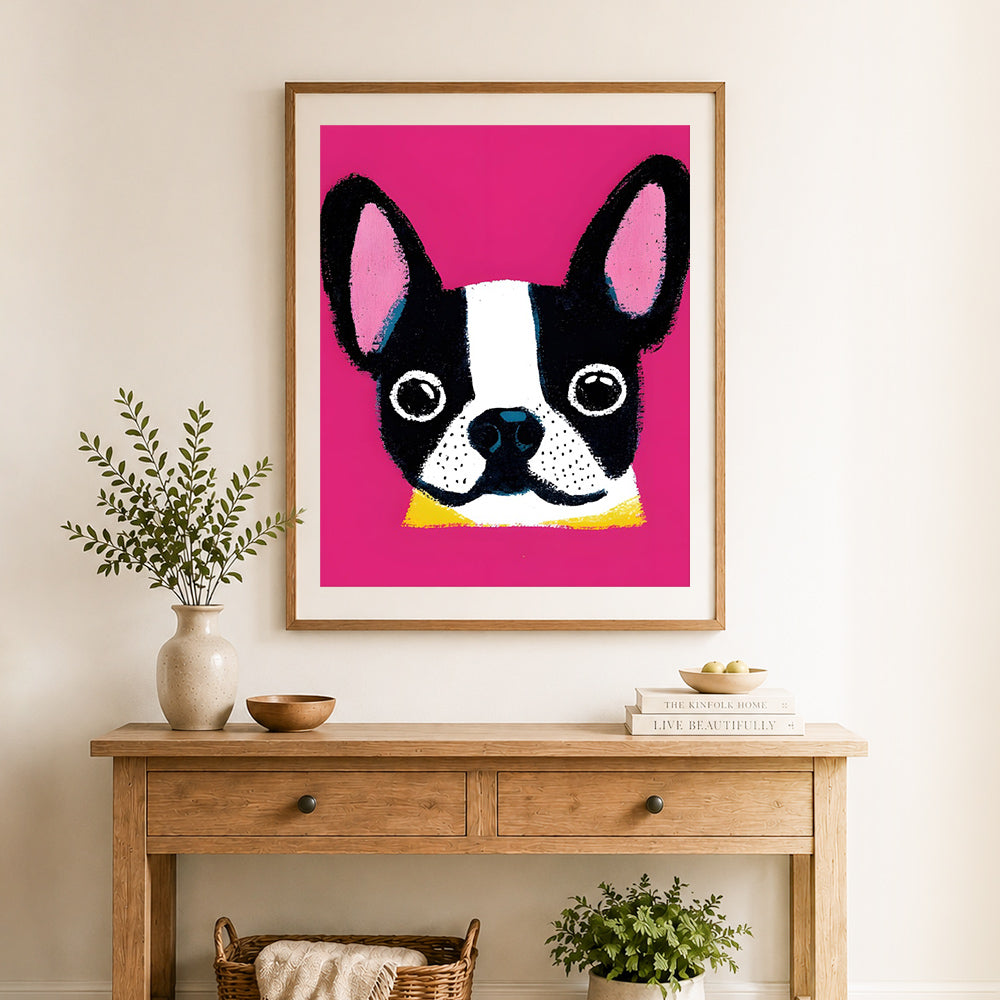Finished bright boston terrier art cross stitch artwork displayed as home decor