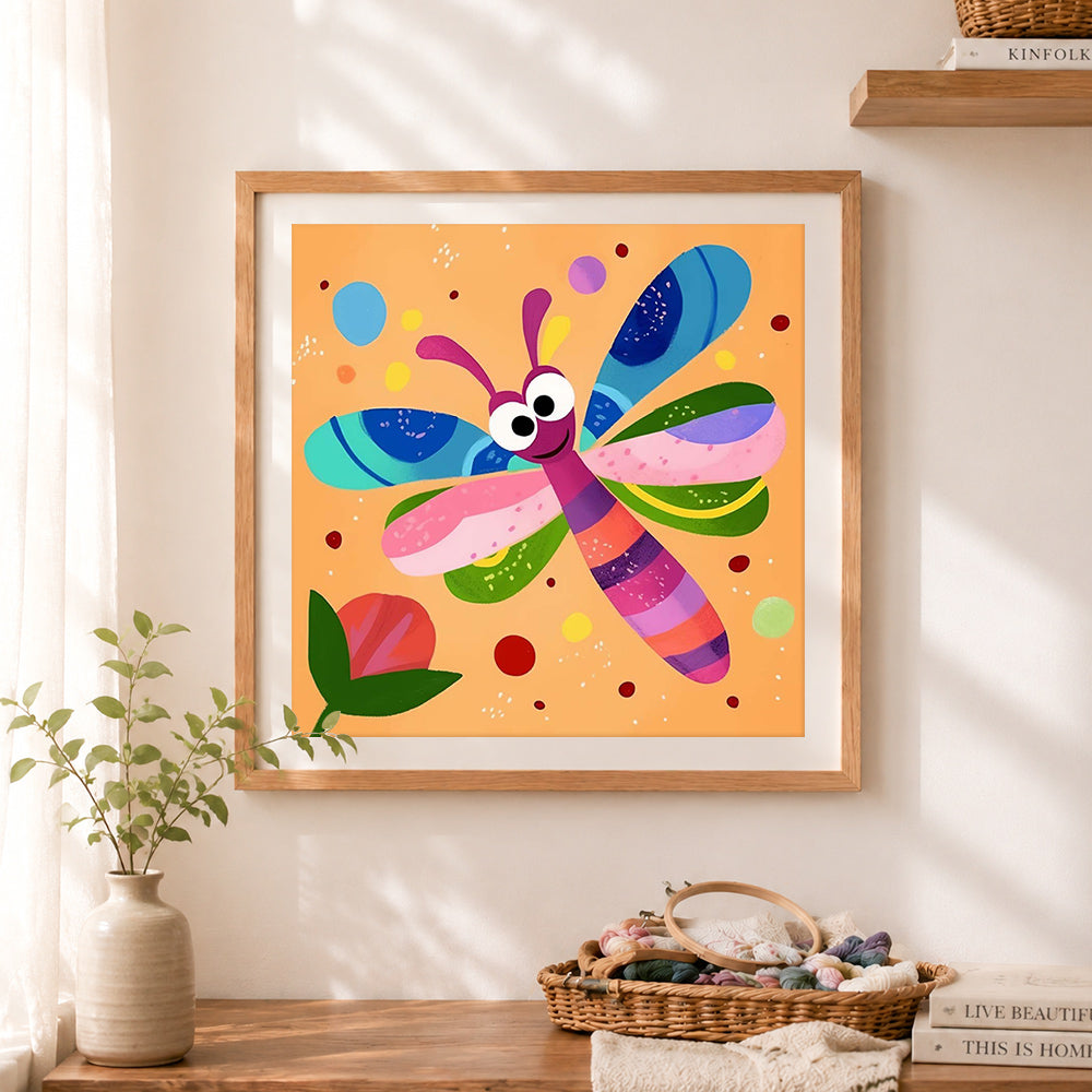Finished bright cartoon dragonfly cross stitch artwork displayed as home decor
