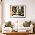 Finished bright coastal bookstore with open doors cross stitch artwork displayed as home decor
