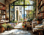 Bright coastal bookstore with open doors cross stitch kit for beginners