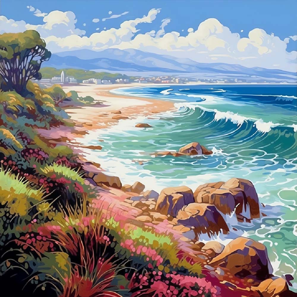 Bright coastal cliff scenery cross stitch kit for beginners