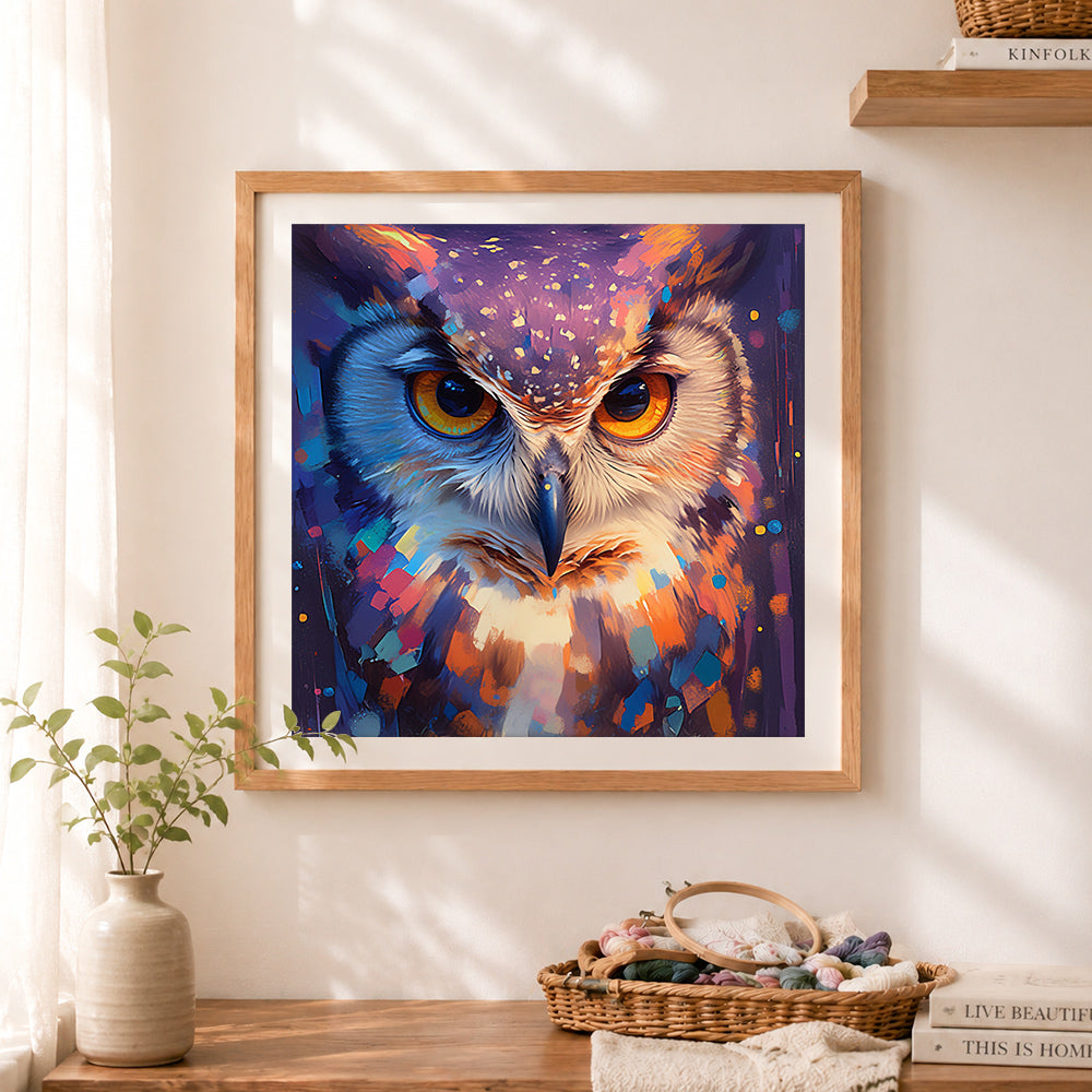 Finished bright color owl art cross stitch artwork displayed as home decor