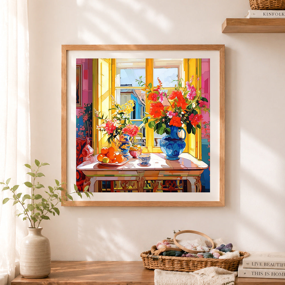 Finished bright colorful window table still life cross stitch artwork displayed as home decor 