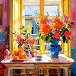 Bright colorful window table still life cross stitch kit for beginners