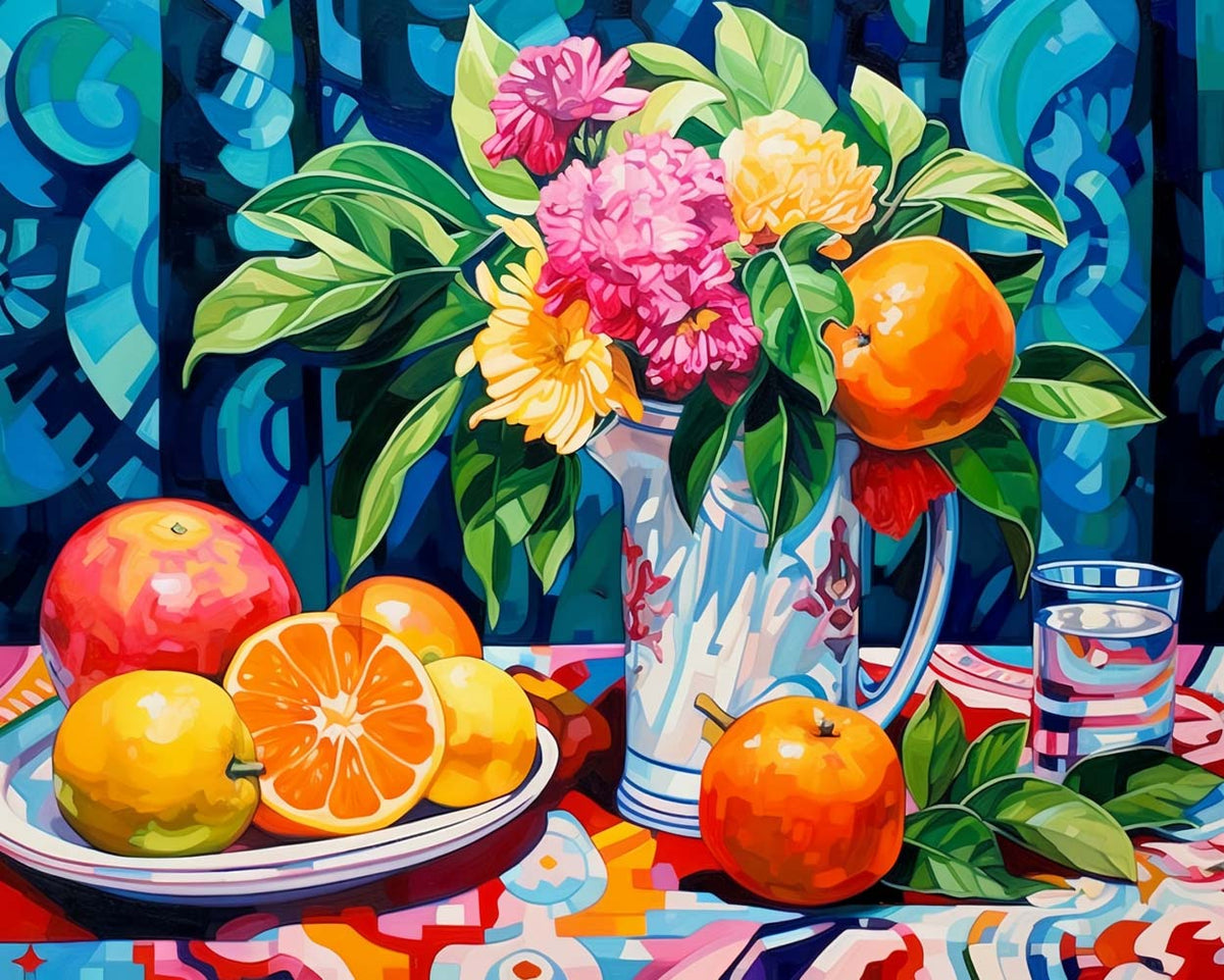 Bright floral and fruit still life cross stitch kit for beginners