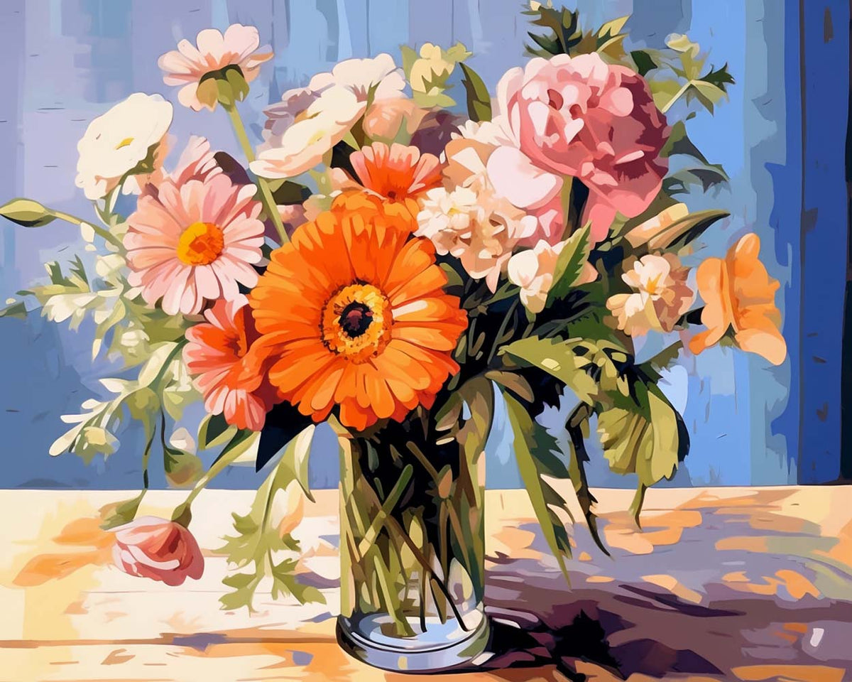 Bright gerbera flower bouquet cross stitch kit for beginners