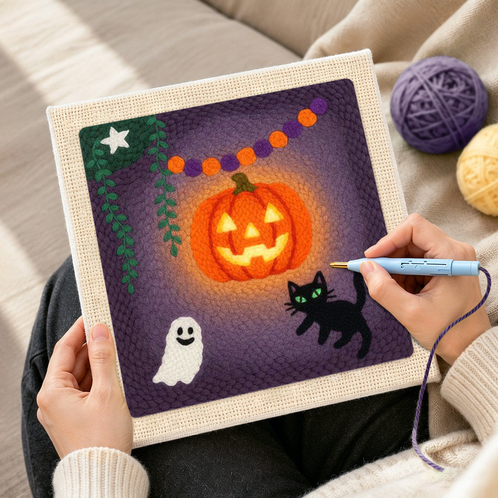 Creating handmade bright glowing pumpkin punch needle artwork