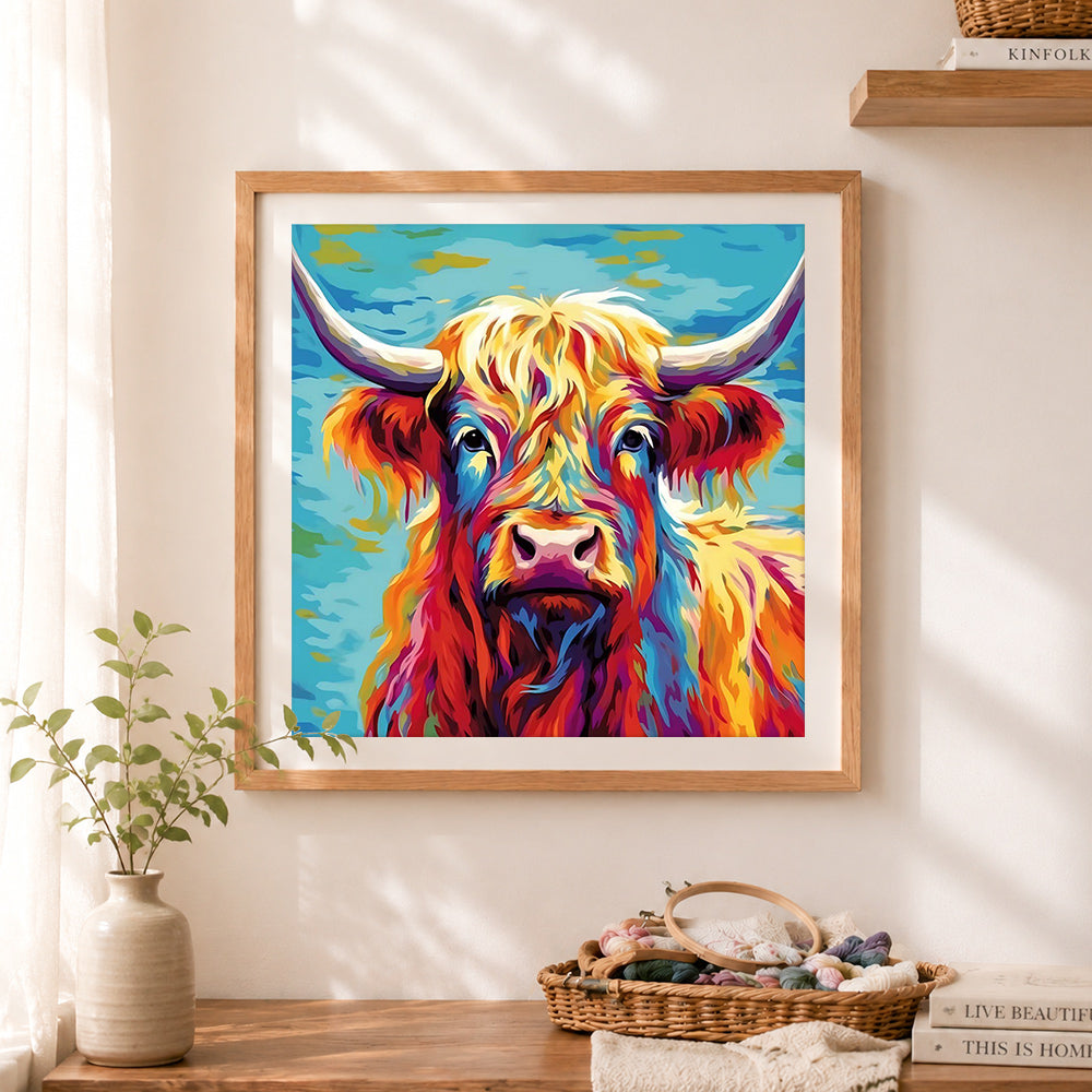 Finished bright highland cow against blue sky cross stitch artwork displayed as home decor