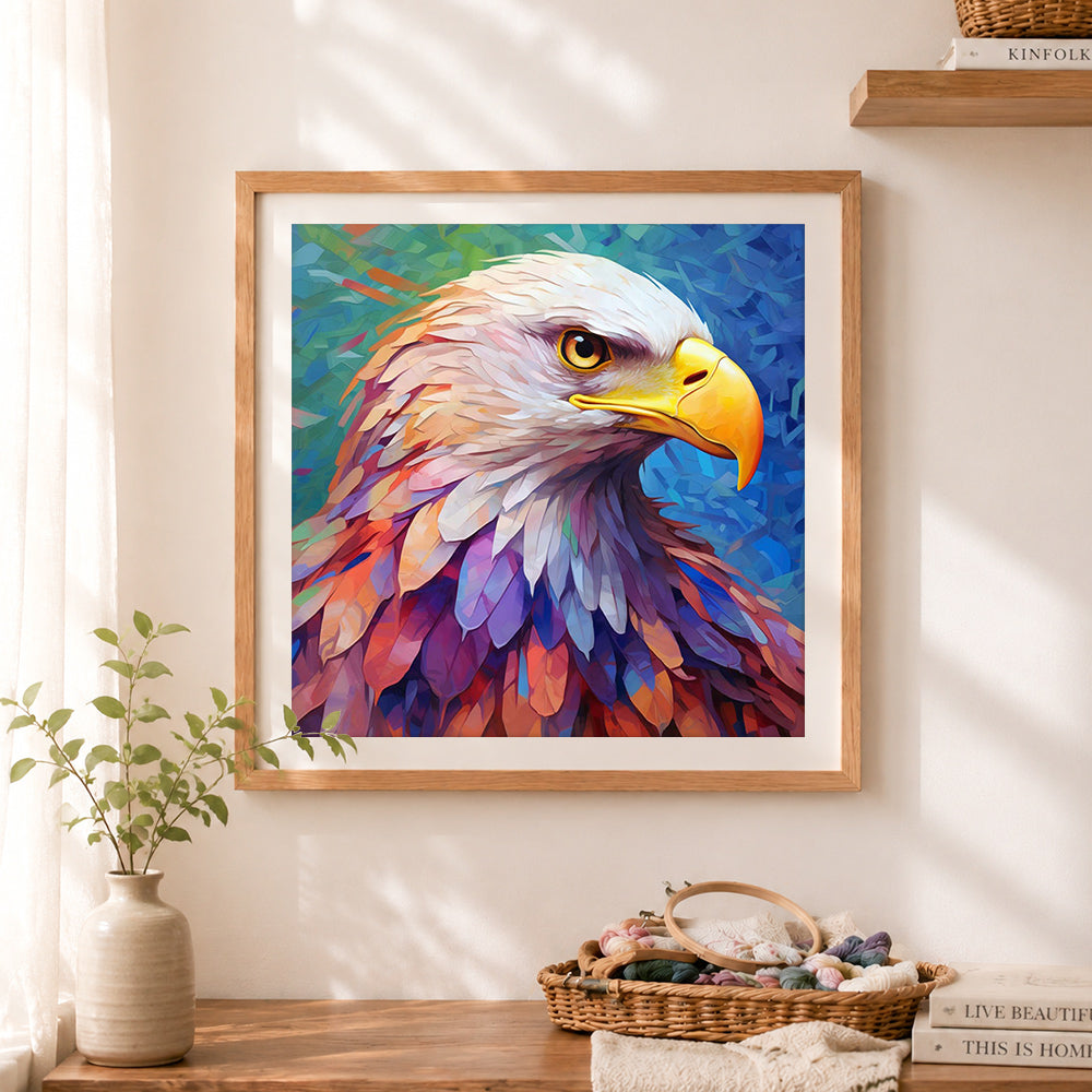 Finished bright‑hued eagle art cross stitch artwork displayed as home decor
