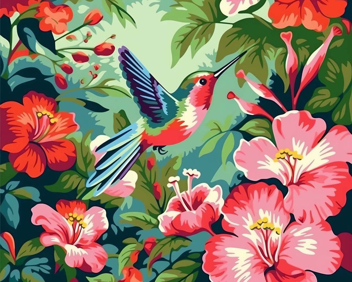 Bright hummingbird in floral garden cross stitch kit for beginners