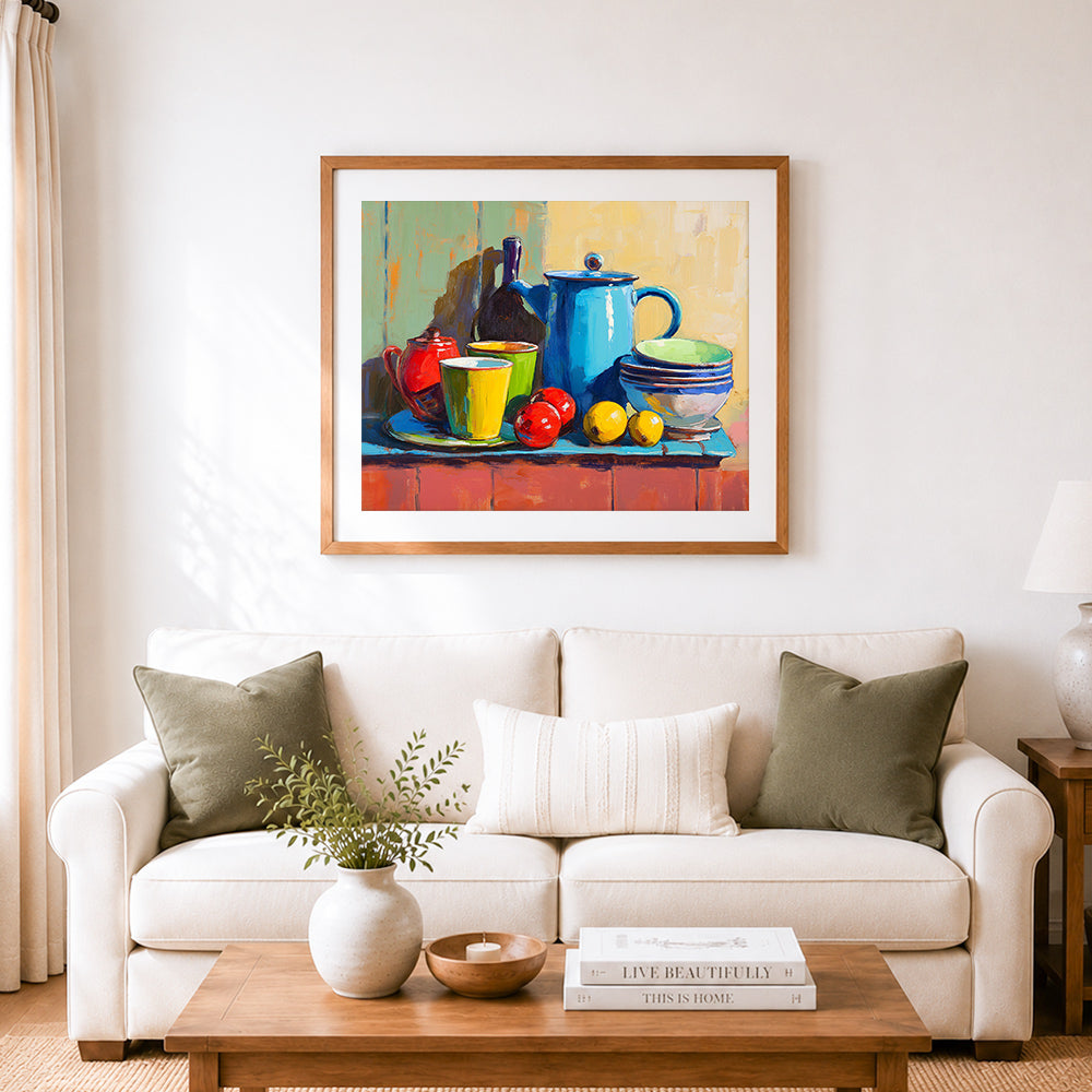 Finished bright kitchen still life cross stitch artwork displayed as home decor