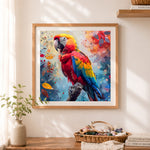 Finished bright macaw parrot cross stitch artwork displayed as home decor