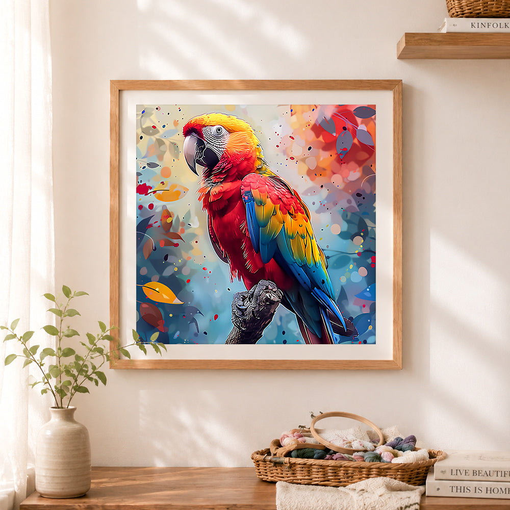 Finished bright macaw parrot cross stitch artwork displayed as home decor