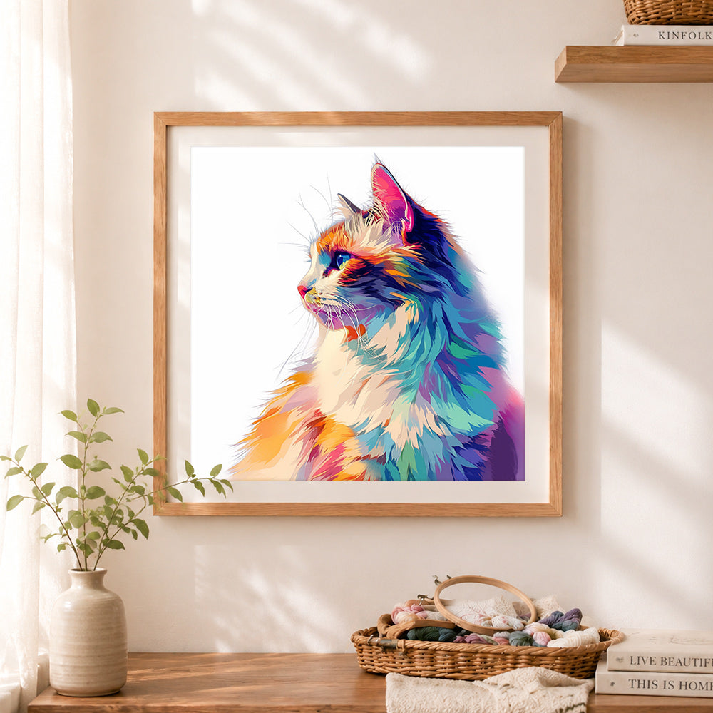 Finished bright multicolor cat cross stitch artwork displayed as home decor