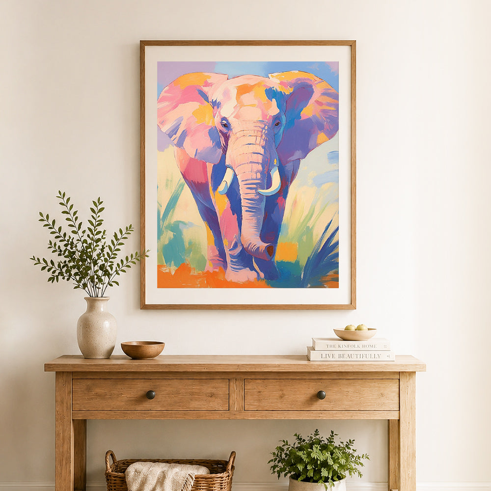 Finished bright multicolor elephant cross stitch artwork displayed as home decor